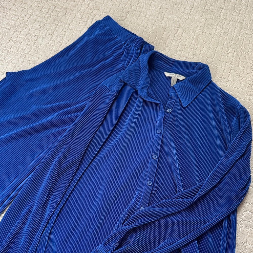 Blue Pleated Button-Up CoOrd Set